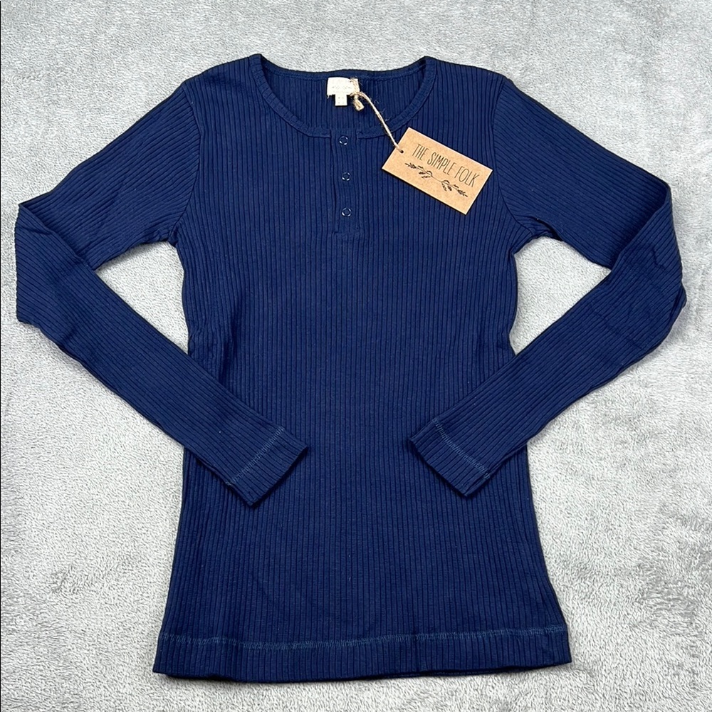 NEW The Simple Folk 2 Organic Cotton Navy‎ Blue Women's Ribbed Henley Top
